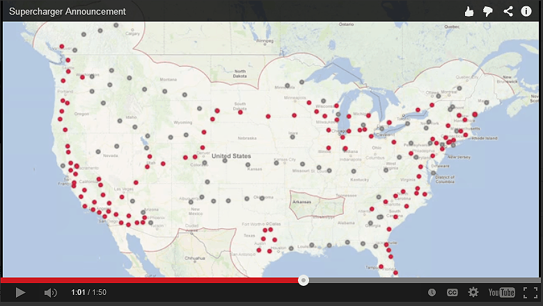 Screenshot of North American Tesla Charging Stations