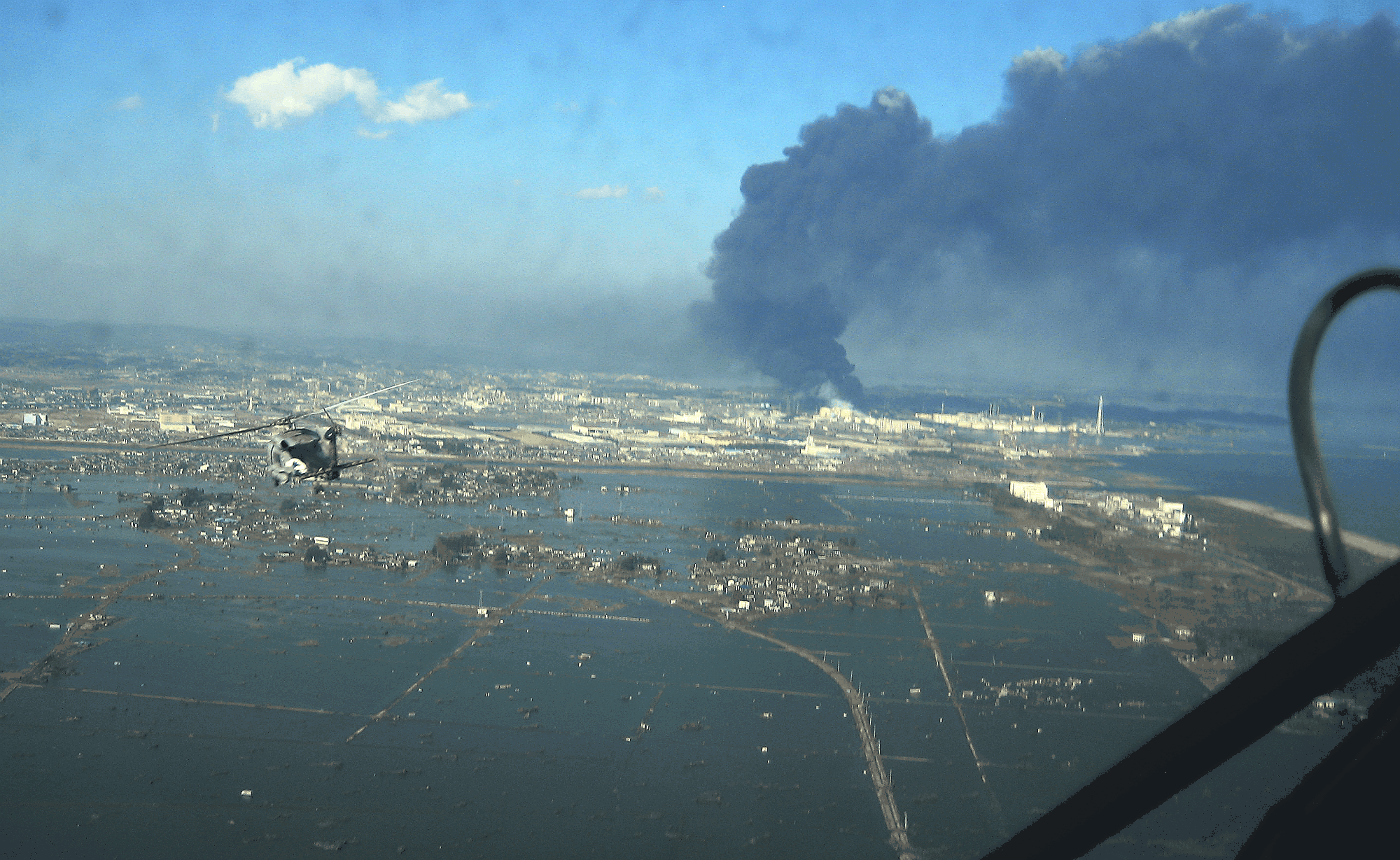 Aerial of Sendai, Japan, following earthquake